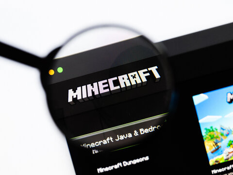 Milan, Italy 2026, 20 Apr Closeup of Minecraft website on a laptop screen. Minecraft logo under a magnifying glass.