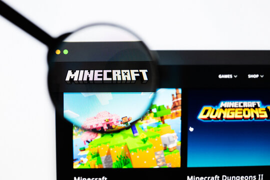 Milan, Italy 2026, 20 Apr Closeup of Minecraft website on a laptop screen. Minecraft logo under a magnifying glass.