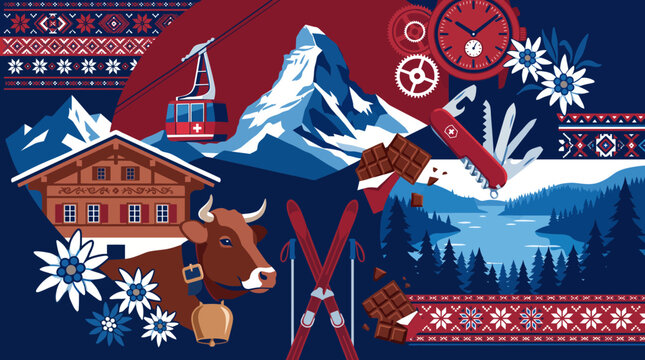 Stylized winter alpine scene with mountains, ski gondola, cabin, reindeer, and festive patterns