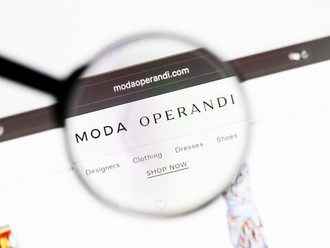 Milan, Italy 2026, 20 Apr Closeup of Moda Operandi website on a laptop screen. Moda Operandi logo under a magnifying glass.