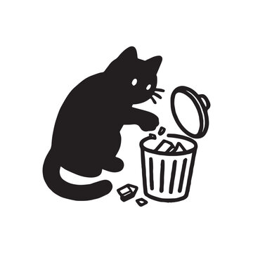 Cute Black Cat Throwing Trash Away, Responsible Pet Cleaning Cartoon Illustration.