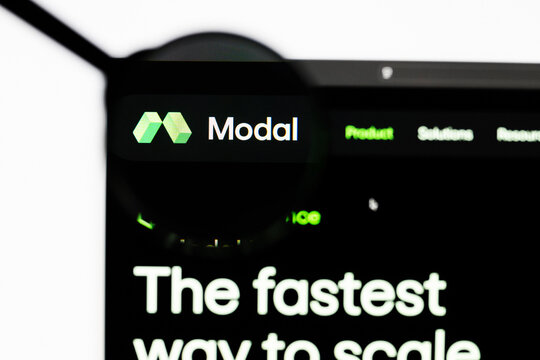 Milan, Italy 2026, 20 Apr Closeup of Modal website on a laptop screen. Modal logo under a magnifying glass.
