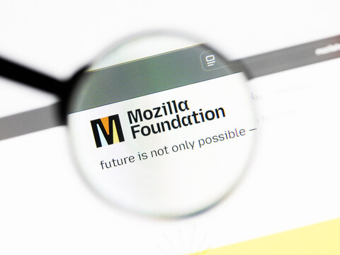 Milan, Italy 2026, 20 Apr Closeup of Mozilla Foundation website on a laptop screen. Mozilla Foundation logo under a magnifying glass.