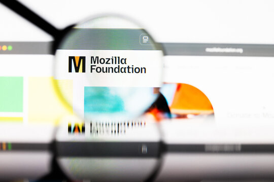 Milan, Italy 2026, 20 Apr Closeup of Mozilla Foundation website on a laptop screen. Mozilla Foundation logo under a magnifying glass.