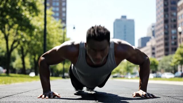 Muscular man doing push-ups outdoors in urban park