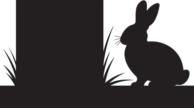 Black silhouette of a rabbit sitting in grass next to a blank square frame for text