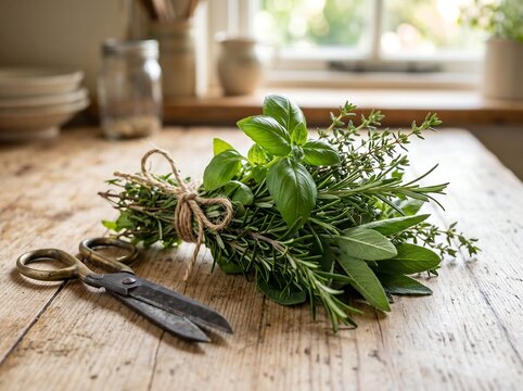 A rustic bundle of mixed fresh herbs with vintage shears