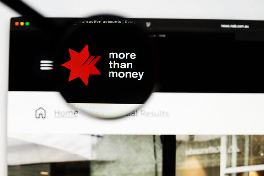 Milan, Italy 2026, 20 Apr Closeup of NAB - National Australia Bank website on a laptop screen. NAB - National Australia Bank logo under a magnifying glass.