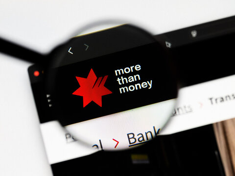 Milan, Italy 2026, 20 Apr Closeup of NAB - National Australia Bank website on a laptop screen. NAB - National Australia Bank logo under a magnifying glass.