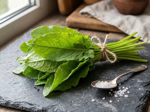 Fresh sorrel leaves with coarse salt on a grey slate