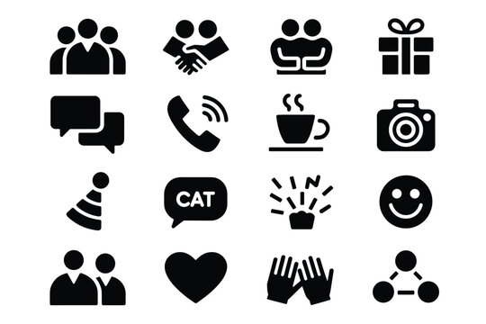 Set of 16 Black Communication and Social Interaction Icons Vector