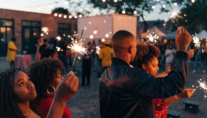 Fototapeta premium Beautiful sparklers burning brightly at a festive outdoor Juneteenth celebration party during dusk lighting, vibrant sparks flying in the air as people celebrate freedom and history, photorealistic.