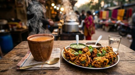 Fototapeta premium Hot chai served in traditional clay cup with fried pakora on plate. Indian street food snack on wooden table at local market. Authentic travel experience and delicious meal concept.