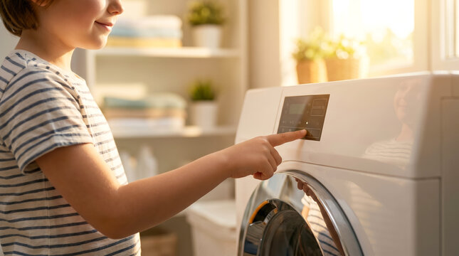 A child stands near a washing machine in a bright laundry room. The child reaches out to press a button on the machine's control panel. Soft sunlight enters through a window, lighting the space