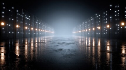 Fototapeta premium Dark industrial corridor illuminated by rows of blinking and steady lights reflects on a wet floor