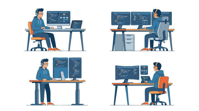 Vector set of four detailed illustrations showing a professional software developer coding on multiple monitors in a modern office environment on a clean white background for tech sites.