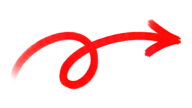 Creative red loop arrow pointing right isolated on transparent background. Hand drawn sketch doodle pointer graphic element for business presentation, navigation, and marketing.