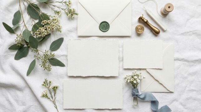 Mockup of blank stationery with deckled edge on linen background. Wedding invitation card set with envelope, wax seal, ribbon and eucalyptus branch for elegant design project.