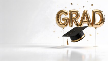 Naklejka premium Gold foil balloons spelling word grad with black graduation hat on white background, metallic 3d letters academic achievement celebration banner, school graduation congratulations greeting card layout