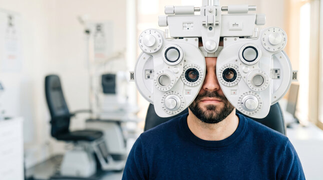 A man sits in an optometrist office while wearing a vision testing device. He appears focused on the examination process. Staff and equipment are visible in the background
