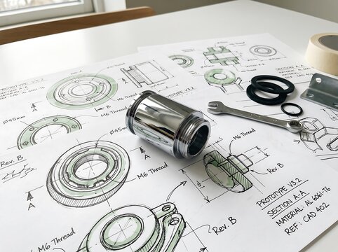 Engineering prototype parts and technical drawings on a desk