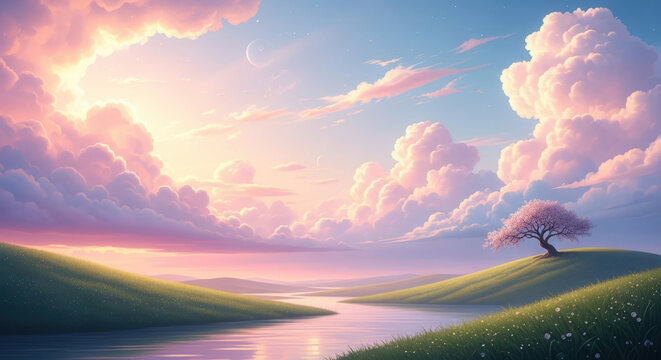 Beautiful pixel art landscape with a lonely cherry blossom tree on a green hill under a soft pink and blue sunset sky