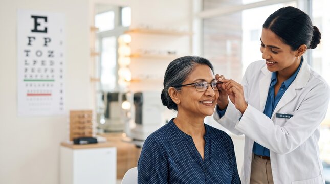 A woman sits in a chair while an optometrist adjusts her glasses. The room is bright with eye charts on the wall. This is likely during a check-up for her vision