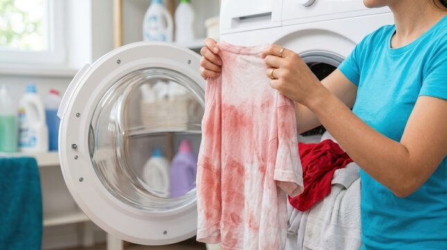 A woman stands in a laundry room, holding a wet shirt that has been dyed. She checks the shirt after taking it from the washing machine. Cleaning supplies are on the shelf