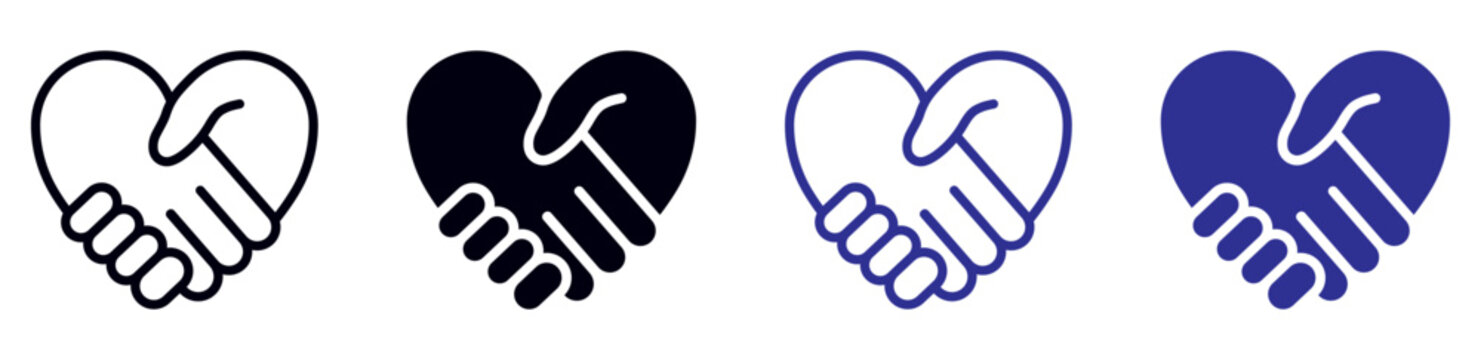 Heart handshake icon set featuring friendship, partnership, support, unity, agreement, teamwork, cooperation and community symbols in outline and glyph styles isolated on background.
