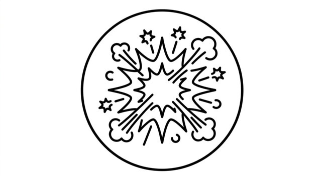 Explosion graphic with smoke and stars in a circle.