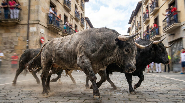 Detalle de toros en movimiento durante un encierro tradicional.