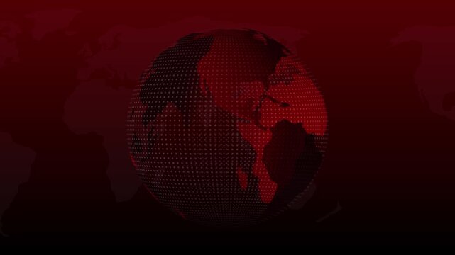 Red digital globe with international world map overlay background. Global network symbol for worldwide security data tracking. Digital globe animation for world intelligence.