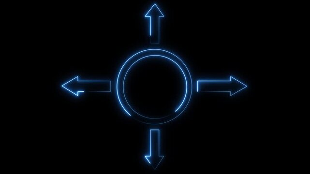 Blue neon arrows pointing inward towards a digital circle. Direction indicator symbol for data compilation navigation interface. Digital neon arrows animation for tech screen.