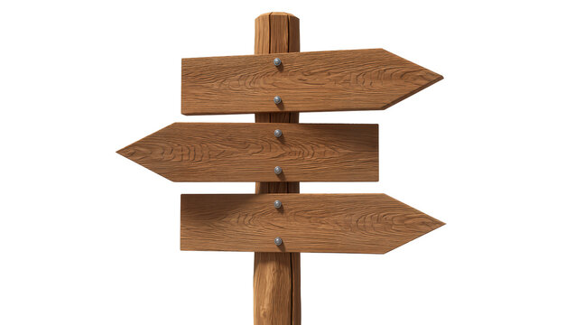 Wooden directional signpost with three arrow-shaped signs