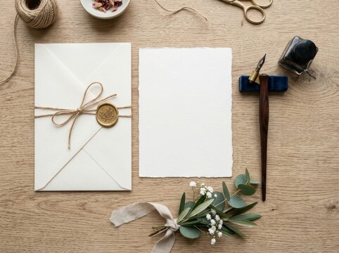 Blank card with envelope on wooden table. Invitation mockup with wax seal and calligraphy pen. Wedding stationery design for greeting card and letter writing. Elegant vintage style.