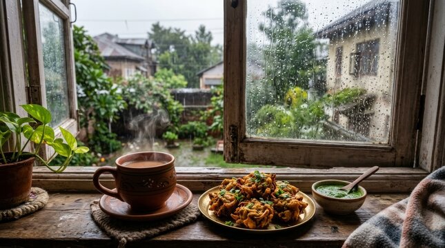 Hot tea with crispy onion pakora on a rustic wooden window sill during rain. Cozy home atmosphere with view of garden in monsoon season. Traditional Indian snack for rainy weather.