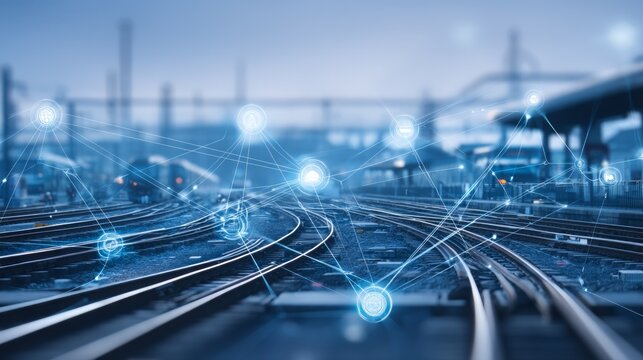 Complex Railway Switching Yard with Intersecting Tracks at Dusk