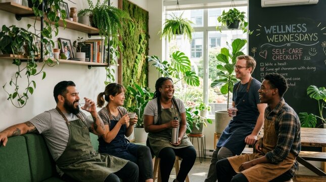 Diverse group of cafe staff wearing aprons chatting during break in eco friendly coffee shop. Coworkers relaxing together in plant filled sustainable business environment. Social connection.
