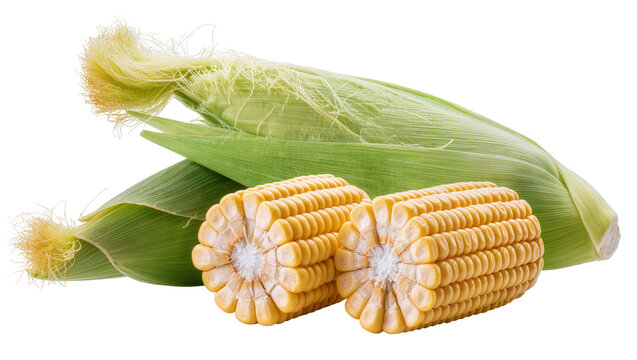 Fresh corn cobs with green husks and yellow kernels