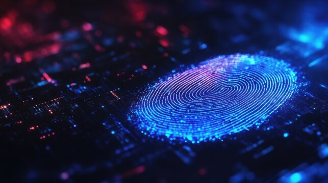 Glowing fingerprint on dark glass, illuminated digital scan hovering above circuit board, system administrator authorizing remote server access, cool blue neon highlights, shallow depth, hightech