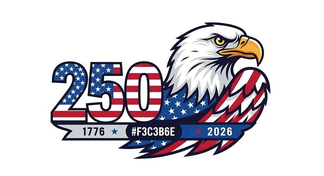 A bold bald eagle logo featuring patriotic colors, commemorating a 250 year milestone with dates and numeric symbols.