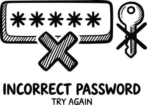 security concept vector illustration featuring an incorrect password warning entry field crossed out key in black hand drawn style with line shading and no white fills