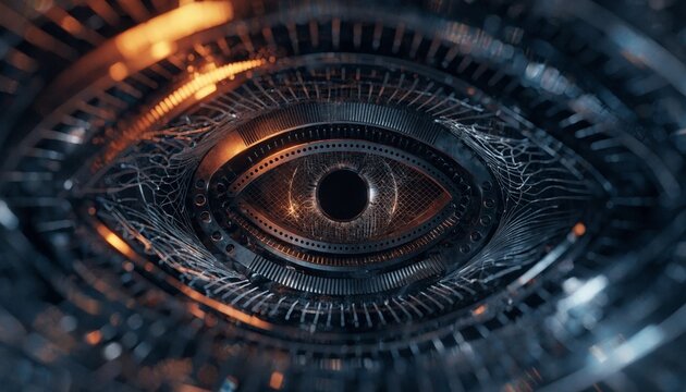 Macro view of an intricate glowing mechanical eye zooming in on artificial intelligence cybernetics with photorealistic details of lenses and glowing apertures in a high-tech laboratory.