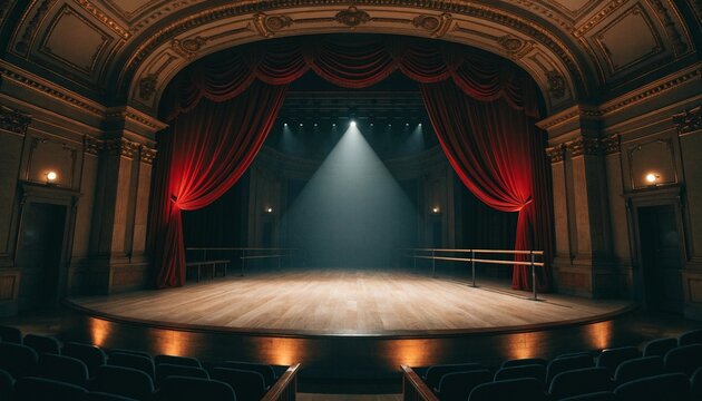 Grand empty theater stage with rich red velvet curtains elegantly drawn back, featuring polished wooden floors and professional lighting prepared for a classic ballet or dramatic stage performance.