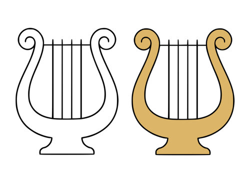 Lyre illustration, line art and colored icon, for coloring page