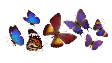 Collection of colorful butterflies with blue purple orange, and red wings © Ari