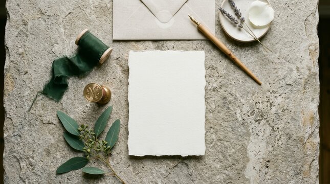 Blank paper card on stone background with envelope, wax seal, quill pen, ribbon and eucalyptus branch. Elegant stationery mockup for wedding invitation, letter and greeting card event.