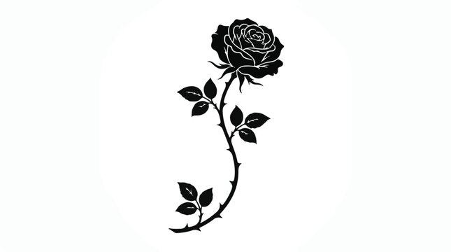 Elegant black silhouette of a single rose with thorny stem on white background