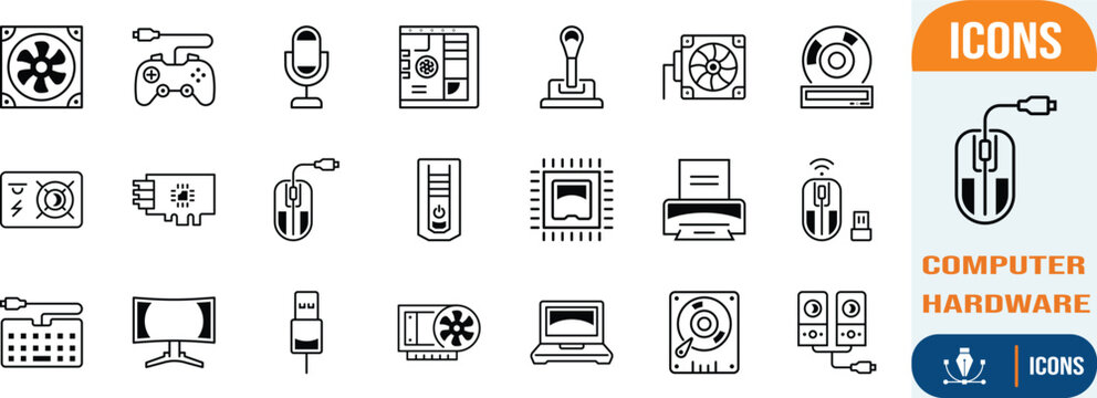 Computer hardware electronic devices vector icons. mouse icon set, keyboard icon set, monitor icon set