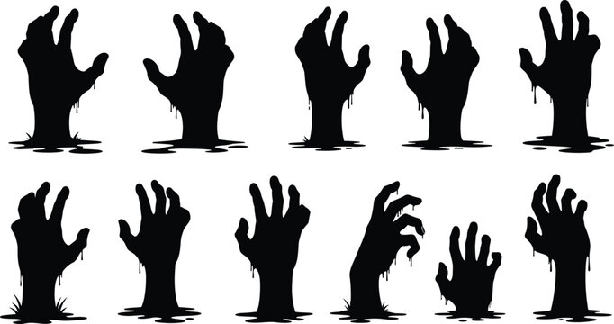 Zombie hand vector illustration set with spooky silhouettes, horror motifs, dripping slime details, creepy rising figures and Halloween design -flat vector illustration